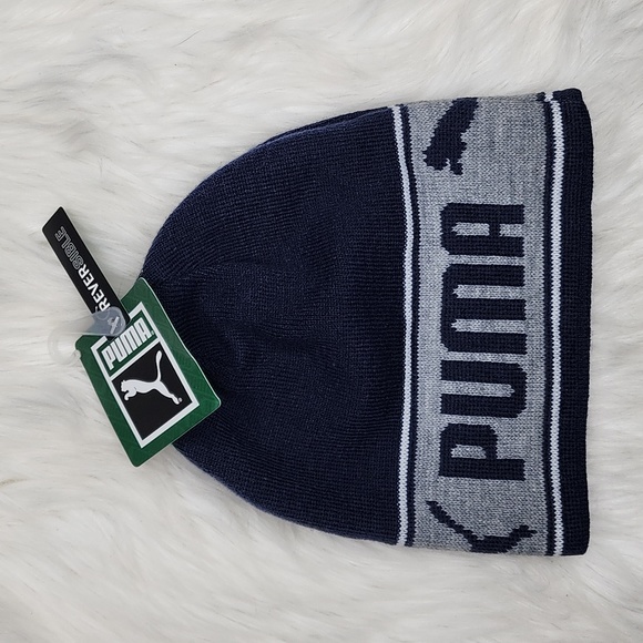 Puma Bryant Reversible Beanie Navy Blue Grey White New With Tags - Picture 1 of 10